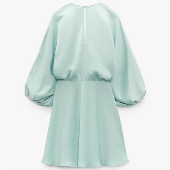 Zara Satin Puff Sleeve Knot Detail Sea Foam Flowy Short Dress - Picture 3 of 16